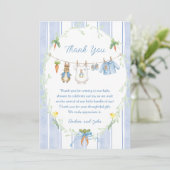 Cute Bunny Boy Clothesline Baby Shower Dankeskarte (Stehend Vorderseite)