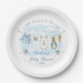 Cute Bunny Boy Clothesline Baby Shower Pappteller (Vorderseite)