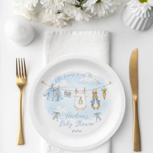 Cute Bunny Boy Clothesline Baby Shower Pappteller