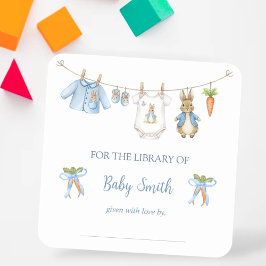 Cute Bunny Boy Clothesline Book Plate Quadratischer Aufkleber
