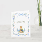 Cute Bunny Boy Floral Blue Bow Baby Shower Dankeskarte (Vorderseite)