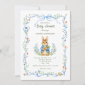 Cute Bunny Boy Floral Blue Bow Baby Shower Einladung (Vorderseite)