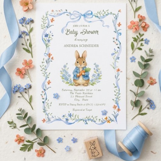 Cute Bunny Boy Floral Blue Bow Baby Shower Einladung