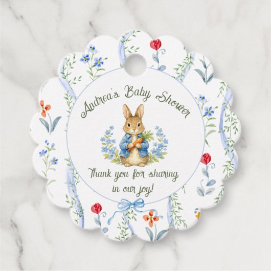 Cute Bunny Boy Floral Blue Bow Baby Shower Geschenkanhänger (Vorderseite)