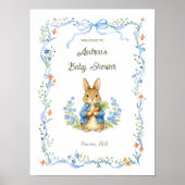 Cute Bunny Boy Floral Blue Bow Baby Shower Welcome Poster (Vorne)