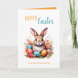 Cute Bunny Colorful Eggs Flowers Happy Easter Feiertagskarte