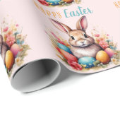 Cute Bunny Colorful Eggs Flowers Happy Easter Geschenkpapier (Rolleneckpunkt)