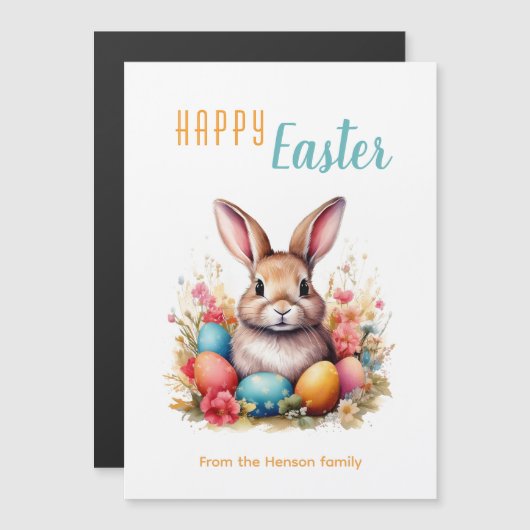 Cute Bunny Colorful Eggs Flowers Happy Easter Magnetkarte (Vorne/Hinten)