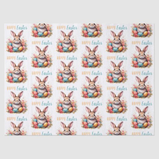 Cute Bunny Colorful Eggs Flowers Happy Easter Seidenpapier (Vorderseite)