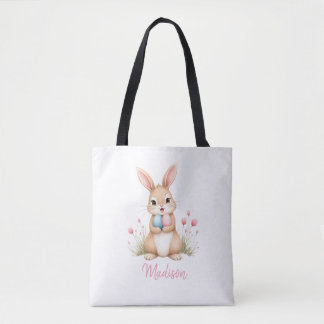 Cute bunny, custom name Easter egg hunt tote bag. Tasche
