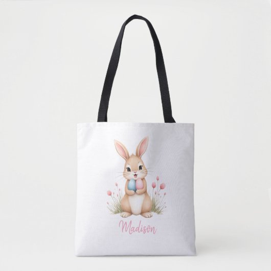 Cute bunny, custom name Easter egg hunt tote bag. Tasche (Vorderseite)