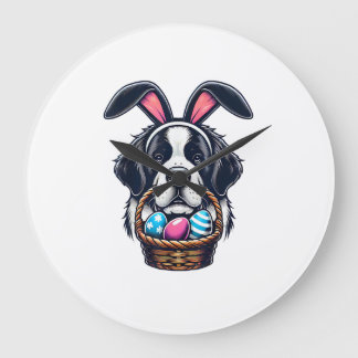 Cute Bunny Ear Saint Bernard Dog Easter Egg Owner  Große Wanduhr