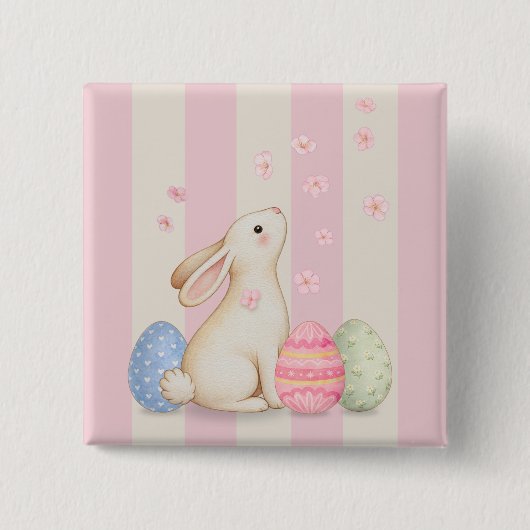 Cute Bunny Easter Eggs and Pink Stripes Button (Vorderseite)