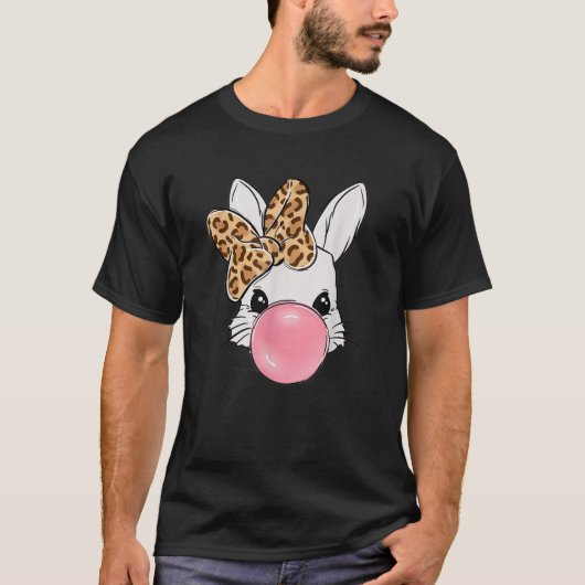 Cute Bunny Face with Leopard Bow Bubblegum Easter T-Shirt (Vorderseite)