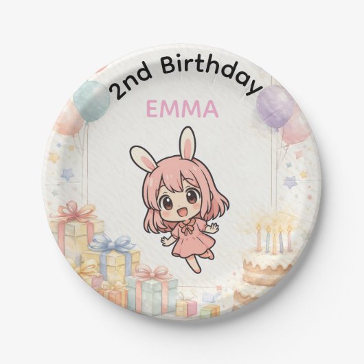 Cute Bunny Girl Birthday Paper Plates Pappteller (Vorderseite)