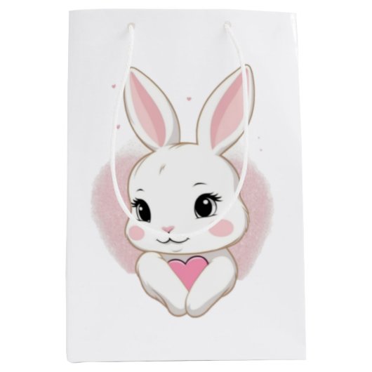 Cute Bunny Holding Heart | Romantic Design Mittlere Geschenktüte (Vorderseite)