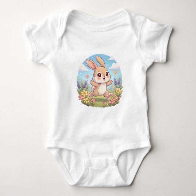 Cute Bunny Hopping in a Flower Field Baby Strampler (Vorderseite)
