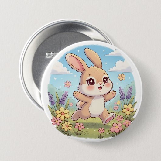 Cute Bunny Hopping in a Flower Field Button (Vorne & Hinten)