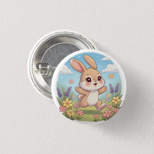 Cute Bunny Hopping in a Flower Field Button (Vorne & Hinten)