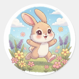 Cute Bunny Hopping in a Flower Field Runder Aufkleber