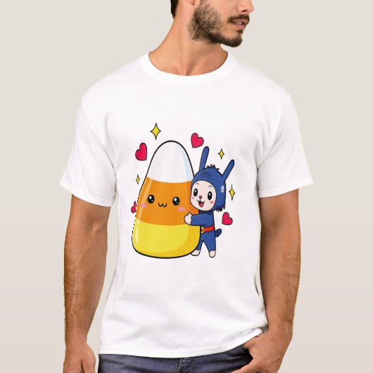 Cute Bunny Hugging Candy Corn T-Shirt (Vorderseite)
