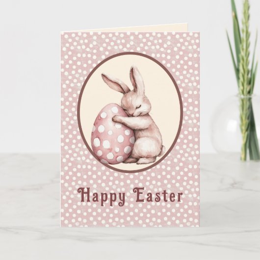 Cute Bunny Hugging Polka Dot Egg Monogram Karte (Vorderseite)