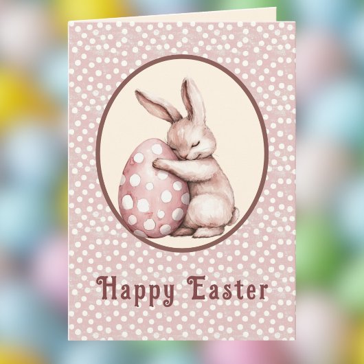 Cute Bunny Hugging Polka Dot Egg Monogram Karte