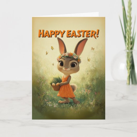 Cute Bunny in Orange Dress with Easter Basket Karte (Vorderseite)
