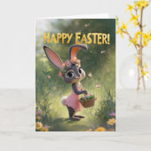 Cute Bunny in Pink Dress With Easter Basket Karte (Gelbe Blume)