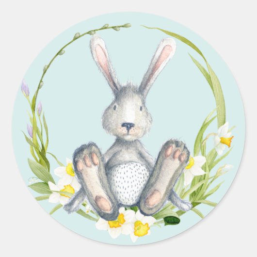 Cute Bunny in Spring Floral Wreath Blue Runder Aufkleber (Vorderseite)