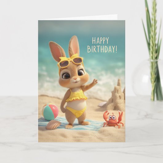 Cute Bunny in Yellow Swimsuit Beach Birthday Karte (Vorderseite)