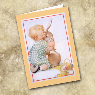 Cute Bunny Kiss Vintage Easter Card Feiertagskarte