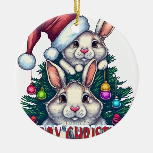 Cute Bunny Merry Christmas – Holiday Rabbit Keramik Ornament (Vorne)
