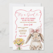 Cute Bunny pink bow coquette baby shower floral Einladung (Vorderseite)