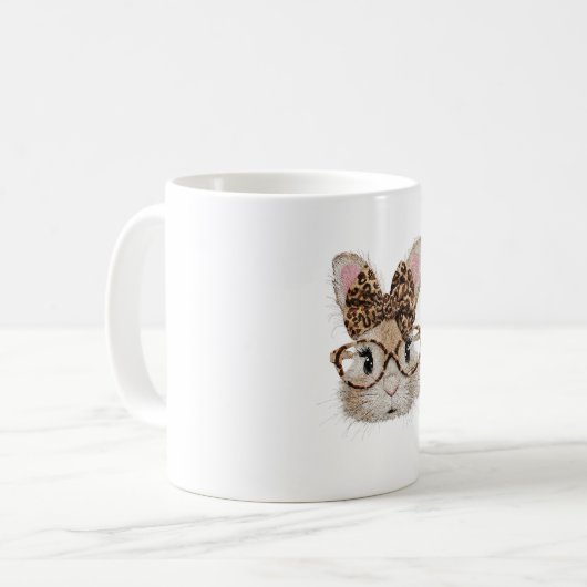 Cute Bunny Rabbit Face Leopard Coquette Bow Glasse Kaffeetasse (Vorderseite Links)