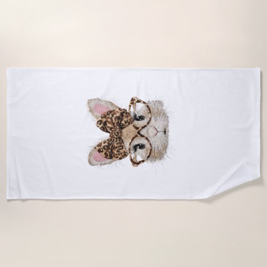 Cute Bunny Rabbit Face Leopard Coquette Bow Glasse Strandtuch (Vorderseite)