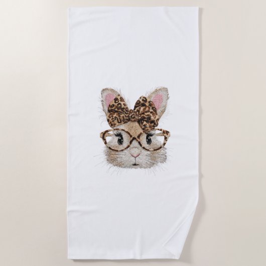 Cute Bunny Rabbit Face Leopard Coquette Bow Glasse Strandtuch (Vorderseite)