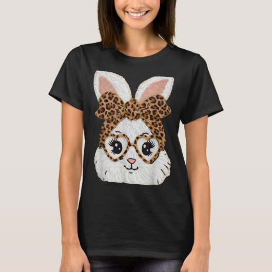 Cute Bunny Rabbit Face Leopard Gles Girl Happy Eas T-Shirt (Vorderseite)