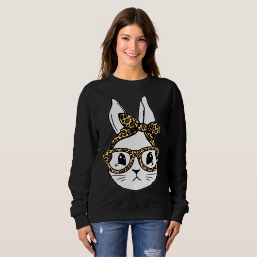Cute Bunny Rabbit Face Messy Bun Leopard Glasses G Sweatshirt (Vorne ganz)