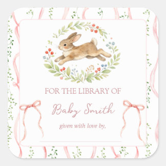 Cute Bunny Rabbit Girl Floral Pink Bow Book Plate Quadratischer Aufkleber
