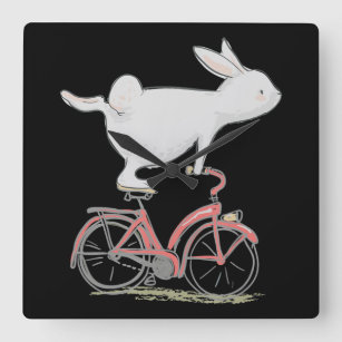 Cute Bunny Rabbit On Bike  Cycling Bicycle Quadratische Wanduhr