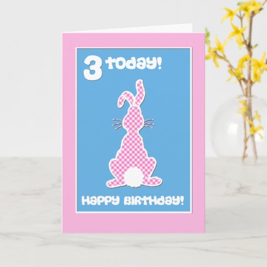 Cute Bunny Rabbit on Pink Check 3rd Birthday Karte (Gelbe Blume)