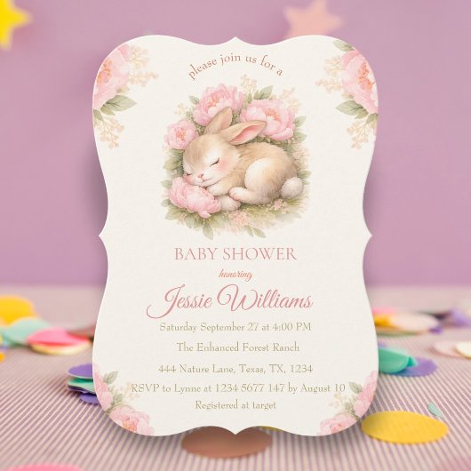 Cute Bunny Rabbit Pink Blush Baby Shower Einladung
