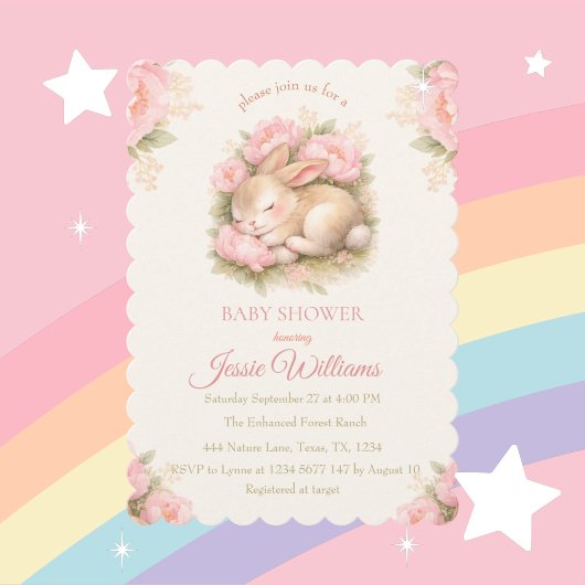 Cute Bunny Rabbit Pink Blush Baby Shower Einladung
