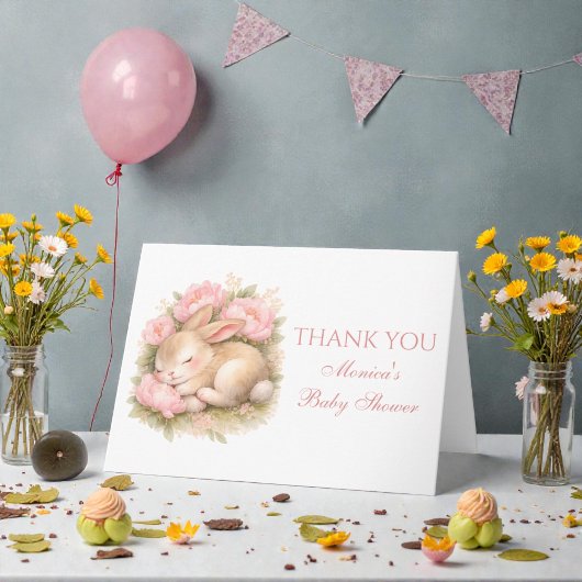 Cute Bunny Rabbit Pink Blush Peony Baby Shower Dankeskarte