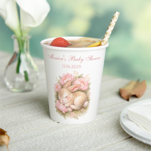 Cute Bunny Rabbit Pink Blush Peony Baby Shower Pappbecher (In Situ)