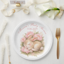 Cute Bunny Rabbit Pink Blush Peony Baby Shower Pappteller