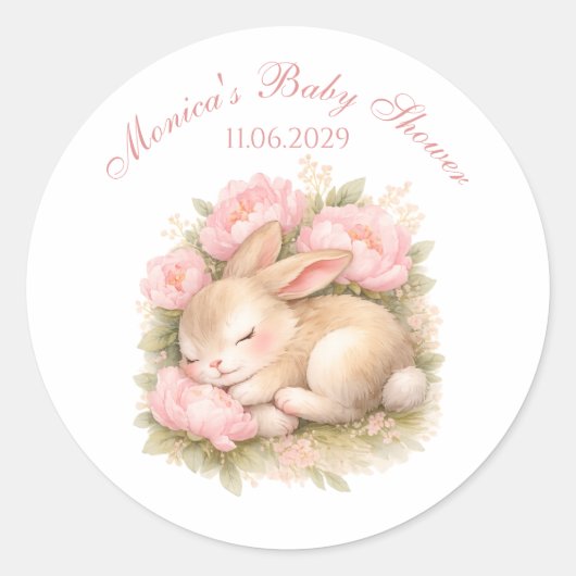 Cute Bunny Rabbit Pink Blush Peony Baby Shower Runder Aufkleber (Vorderseite)
