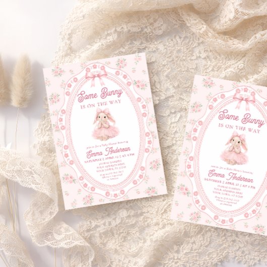 Cute Bunny Rabbit Pink Girl Baby Shower Einladung