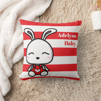 Cute Bunny Red Striped Birth Stats Throw Pillow Kissen
